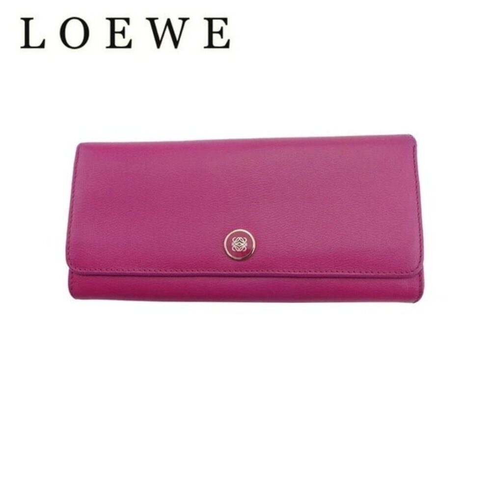 LOEWE Long Wallet Anagram Button Pink Leather Authentic Used C4553